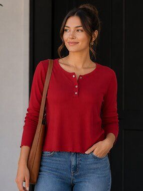 NWT Gap Body Red Ribbed Long Sleeve Henley Tee | Women’s Small